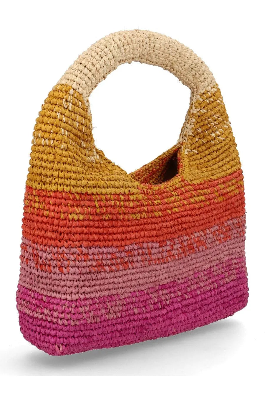 Manebi women’s borsa halfmoon multicolor vibrant handwoven straw tote bag with warm gradient hues from yellow to magenta