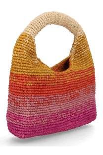 Manebi women’s borsa halfmoon multicolor vibrant handwoven straw tote bag with warm gradient hues from yellow to magenta