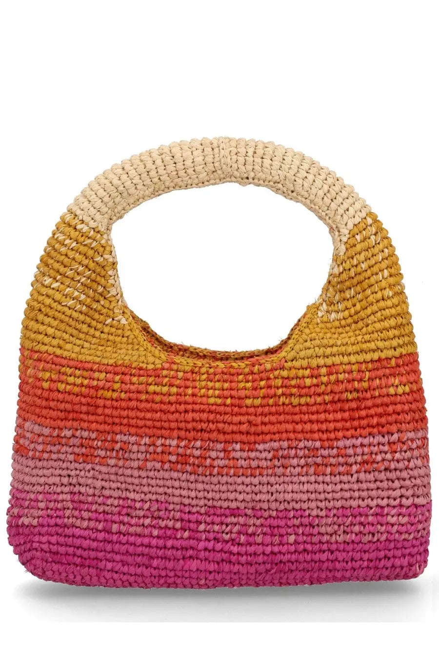 Manebi women’s borsa halfmoon multicolor woven straw handbag with warm gradient stripes from beige to magenta