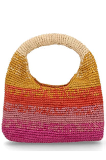 Manebi women’s borsa halfmoon multicolor woven straw handbag with warm gradient stripes from beige to magenta