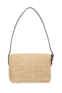 Beige woven straw shoulder bag with black leather strap and metallic hardware from manebi womens borsa paloma beige