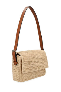 Manebi womens borsa paloma beige woven straw shoulder bag with brown leather strap and buckle detail
