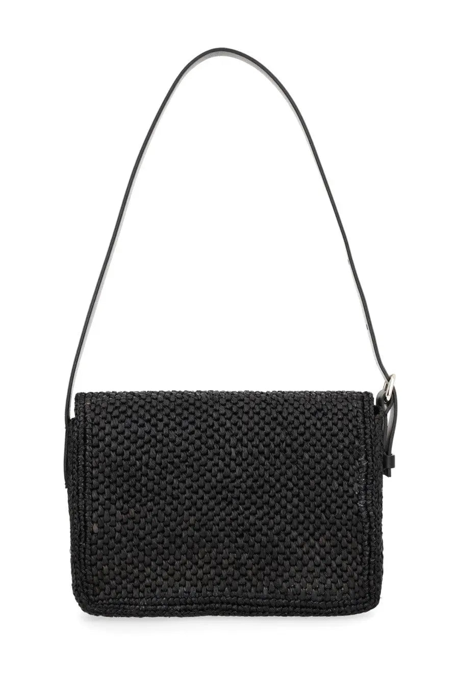 Manebi women’s borsa paloma black woven straw shoulder bag with sleek minimalist design and slender leather strap