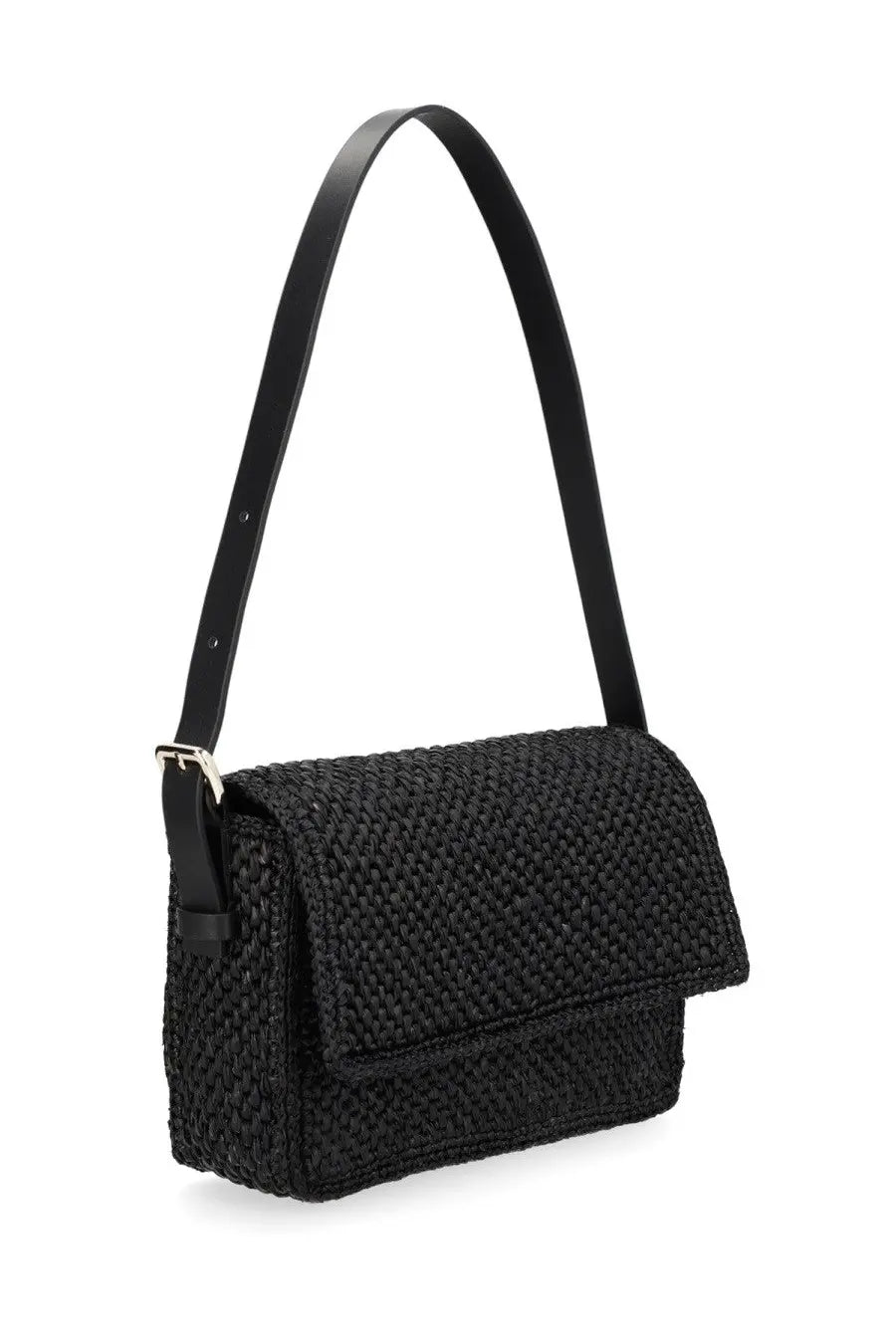 Manebi womens borsa paloma black woven straw shoulder bag with sleek leather strap and silver-toned buckle