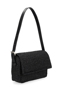 Manebi womens borsa paloma black woven straw shoulder bag with sleek leather strap and silver-toned buckle