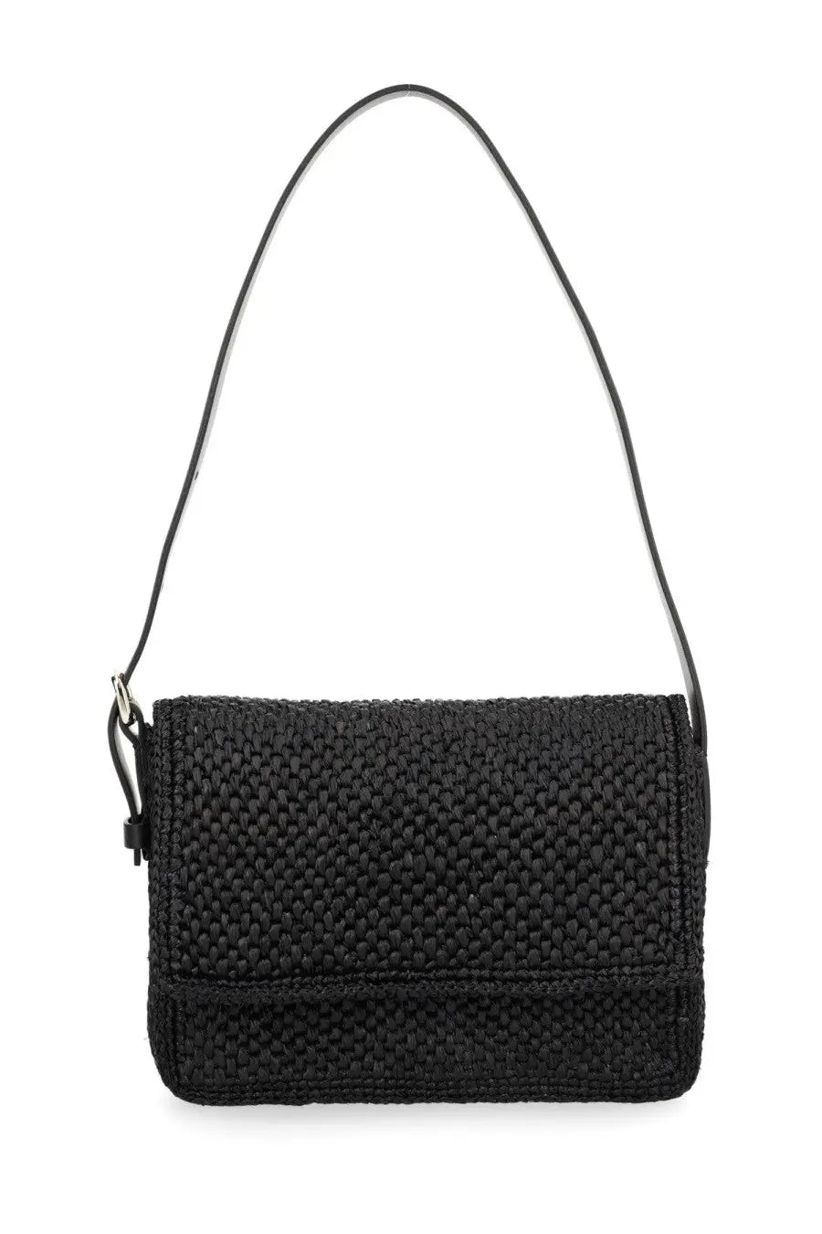 Manebi women’s borsa paloma black woven straw shoulder bag with slender black leather strap