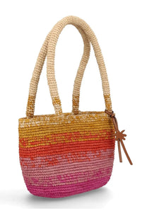 Manebi women’s borsa panier medium vibrant multicolor woven straw tote bag with handles and palm leaf tassel accent