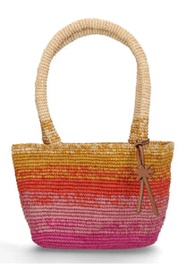 Manebi women’s borsa panier medium multicolor vibrant gradient woven straw tote bag with beige handle and tan leather star charm