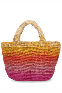 Manebi women’s borsa panier mini multicolor vibrant gradient woven tote bag with natural fiber handle and sunburst pattern