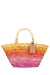 Manebi women’s Borsa Panier multicolor straw tote bag with yellow to pink gradient and sturdy handles