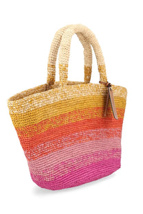 Manebi women’s borsa panier multicolor vibrant gradient woven tote bag in cream yellow orange pink and magenta hues with handles