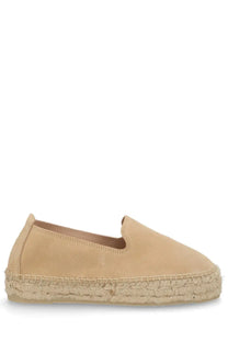 Manebi women’s espadrilla slip-on shoe in beige suede with woven jute sole and double sole design