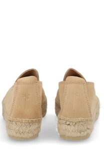 Manebi women’s espadrilla con doppia suola beige suede flats with woven jute sole and subtle palm tree embossing