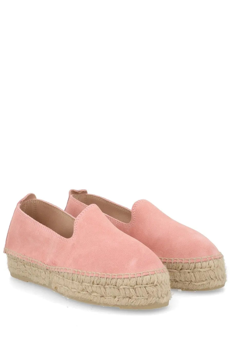 Manebi women’s espadrilla flats in pink suede with woven jute sole for casual summer wear