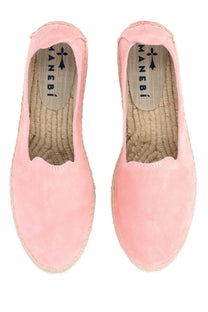 Manebi women’s espadrilla flats in pink suede with woven jute sole and maneri printed insole
