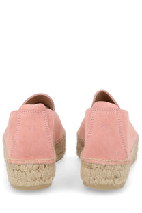 Manebi women’s espadrilla blue suede shoes with pink suede upper and woven jute sole