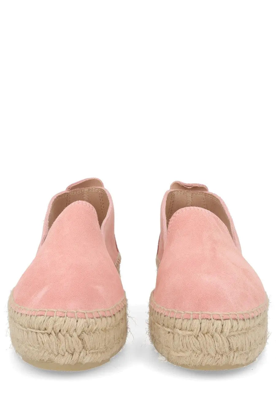 Manebi women’s espadrilla slip-ons in pink suede with woven jute sole for casual comfortable wear