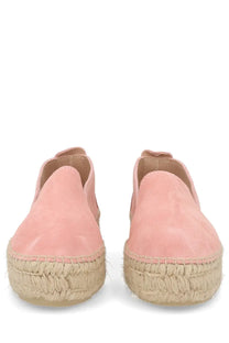 Manebi women’s espadrilla slip-ons in pink suede with woven jute sole for casual comfortable wear