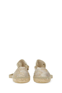 Beige manebi women’s espadrille valenciana gold sandals with woven texture and braided rubber soles