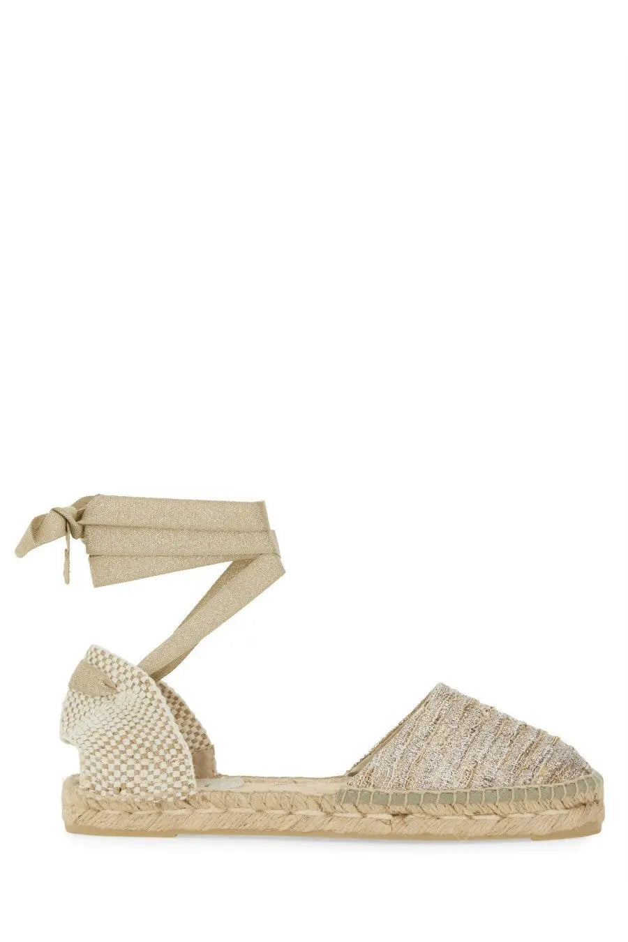 Beige woven espadrille sandal with tied ankle strap and textured upper from Manebi women’s espadrille Valenciana Gold collection