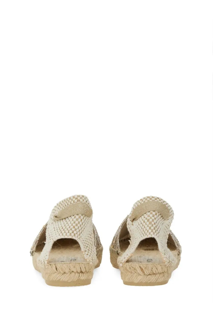 Beige woven Manebi women’s espadrille Valenciana gold sandals with braided rope sole and adjustable strap
