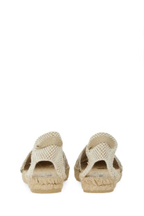 Beige woven Manebi women’s espadrille Valenciana gold sandals with braided rope sole and adjustable strap