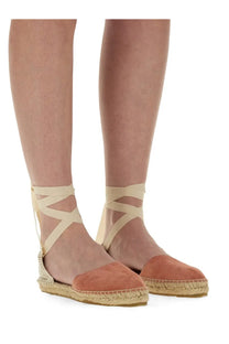 Manebi women’s flat brown espadrilles in beige suede with woven jute soles and crisscross ankle straps