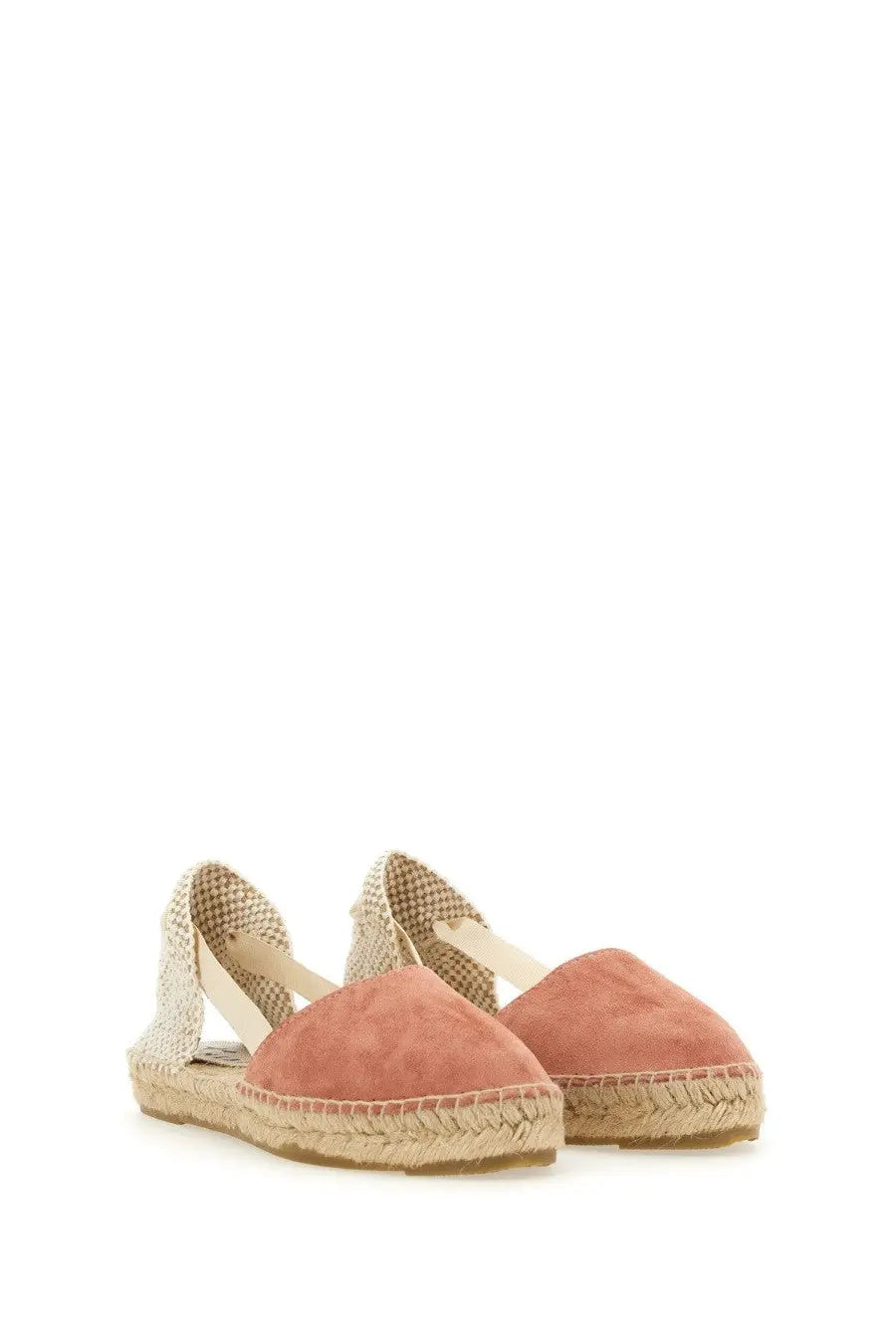 Manebi women’s espadrilles flat brown with pink suede upper woven jute soles and braided strap detail