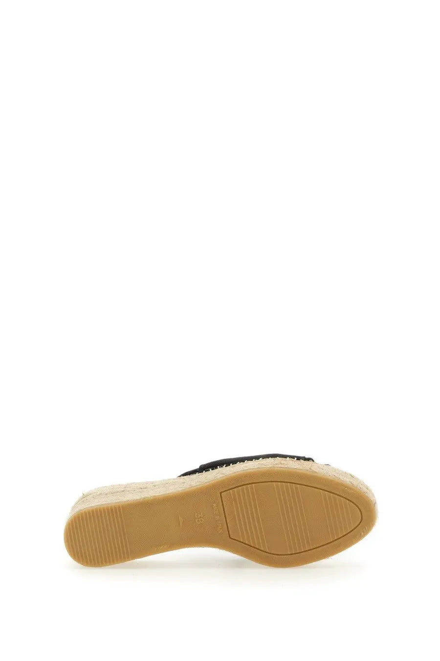 Manebi women’s knot black espadrille wedge sandal with woven jute sole and rubberized heel visible from back side
