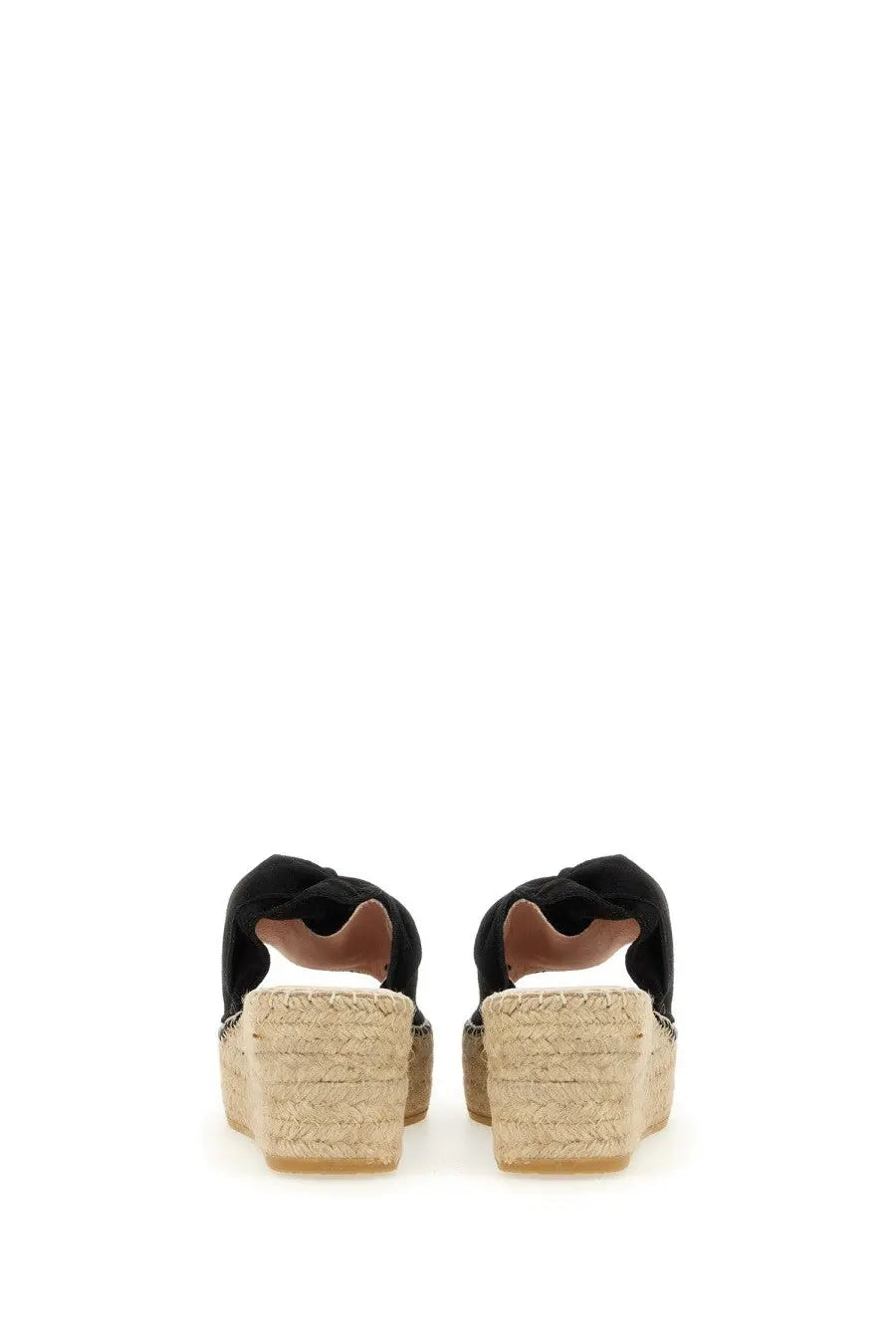 Manebi women’s knot sandal black with woven espadrille wedge heel and knotted strap detail on black fabric