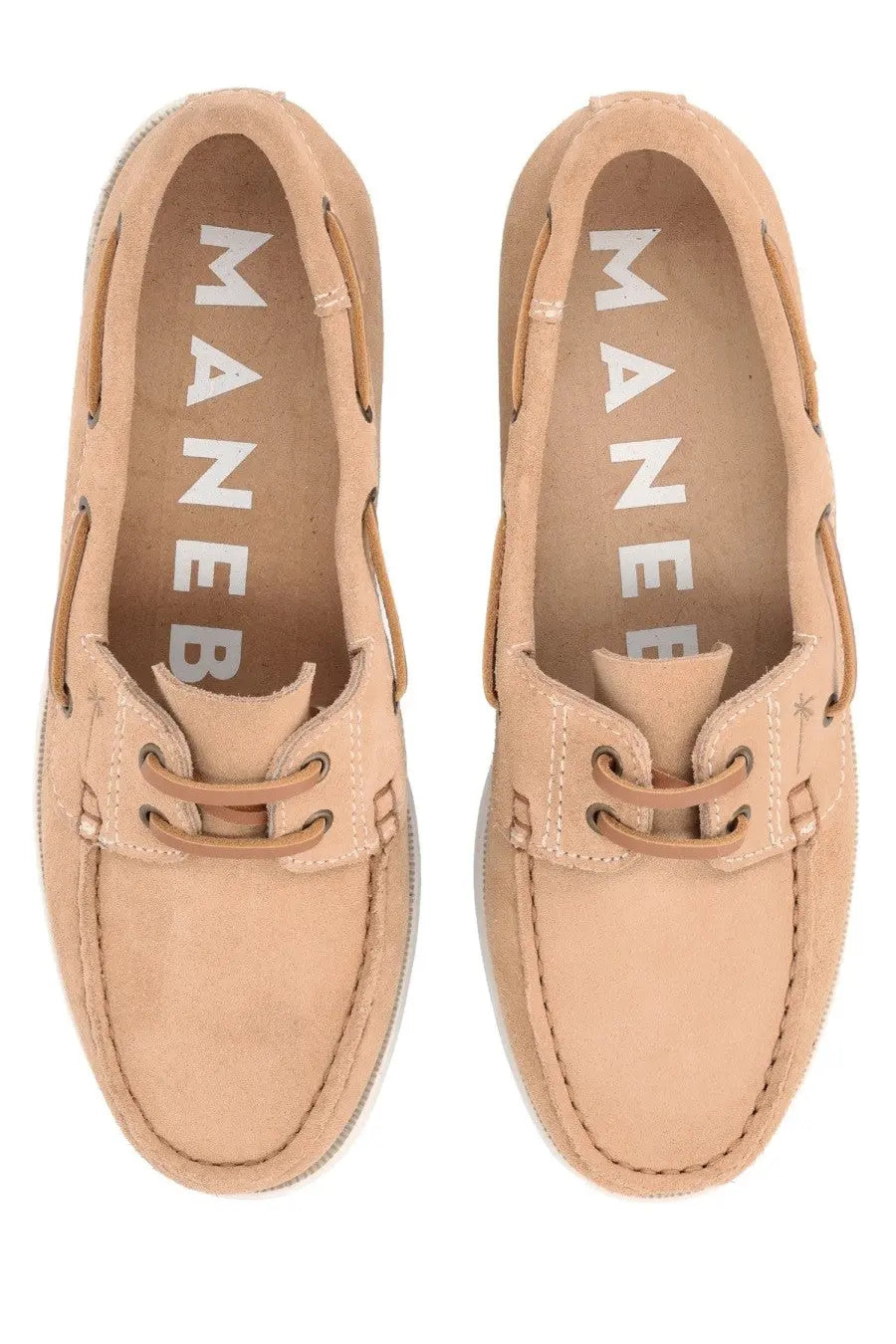 Manebi women’s mocassino hamptons beige boat shoes in beige suede with matching laces and white stitching