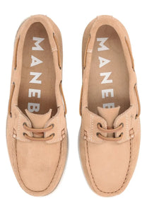 Manebi women’s mocassino hamptons beige boat shoes in beige suede with matching laces and white stitching
