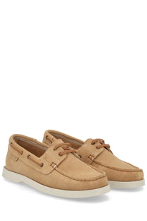 Tan suede Manebi women’s mocassino Hamptons beige boat shoes with matching laces and white rubber sole