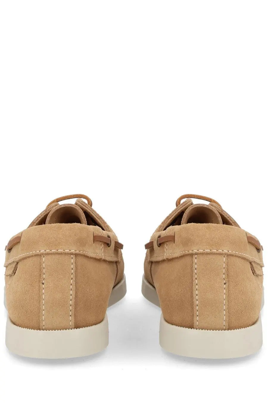 Manebi women’s mocassino hamptons beige tan suede boat shoes with matching laces and white rubber sole