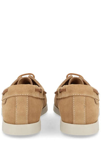 Manebi women’s mocassino hamptons beige tan suede boat shoes with matching laces and white rubber sole