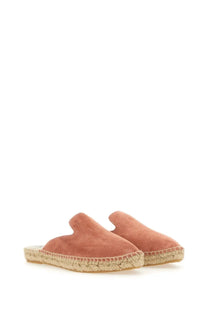 Manebi women’s hamptons brown mules coral suede espadrille with woven jute sole visible from the back side