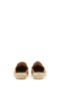 Manebi women’s mules hamptons brown pink leather espadrille mules with woven jute sole front view
