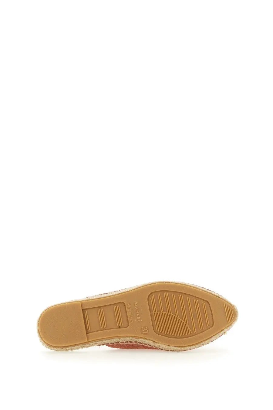 Tan rubber sole with woven espadrille texture and embossed manebi logo on women’s mules hamptons brown back side