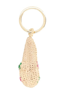 Manebi women’s portachiavi espa beige woven straw keychain with subtle pink and green floral embroidery