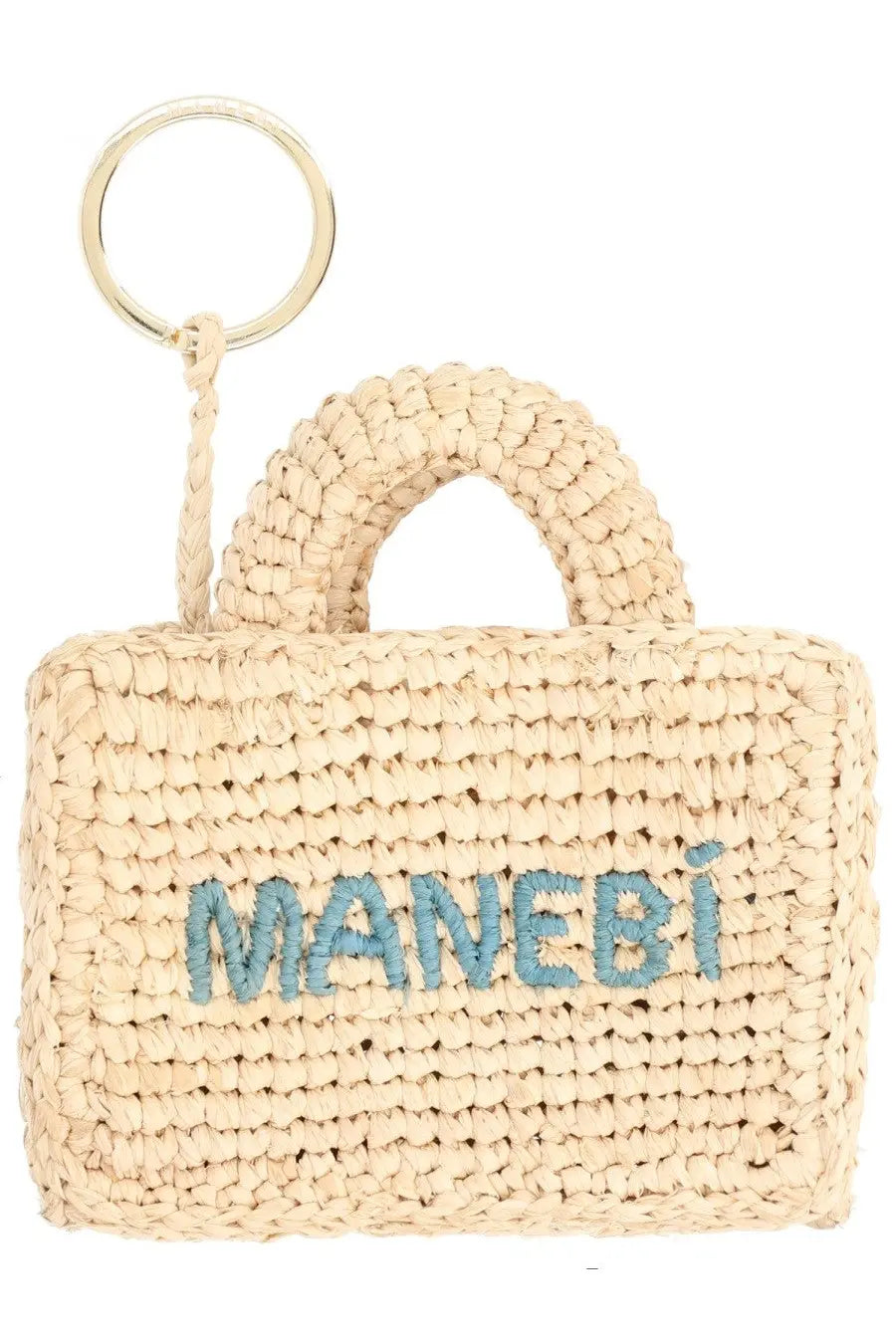 Manebi women’s portachiavi mini sunset beige beige woven straw keychain bag with light blue embroidered logo and gold ring