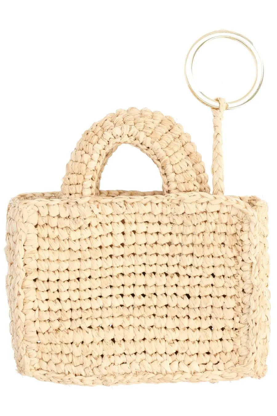 Manebi women’s portachiavi mini sunset beige woven straw tote bag with circular metal ring handle