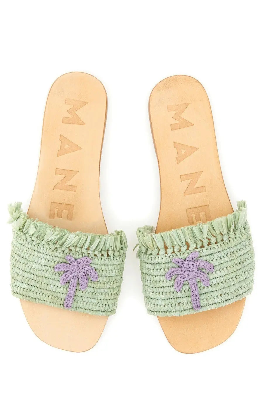 Manebi women’s light green crocheted slide sandals with purple palm tree embellishments and tan leather insole