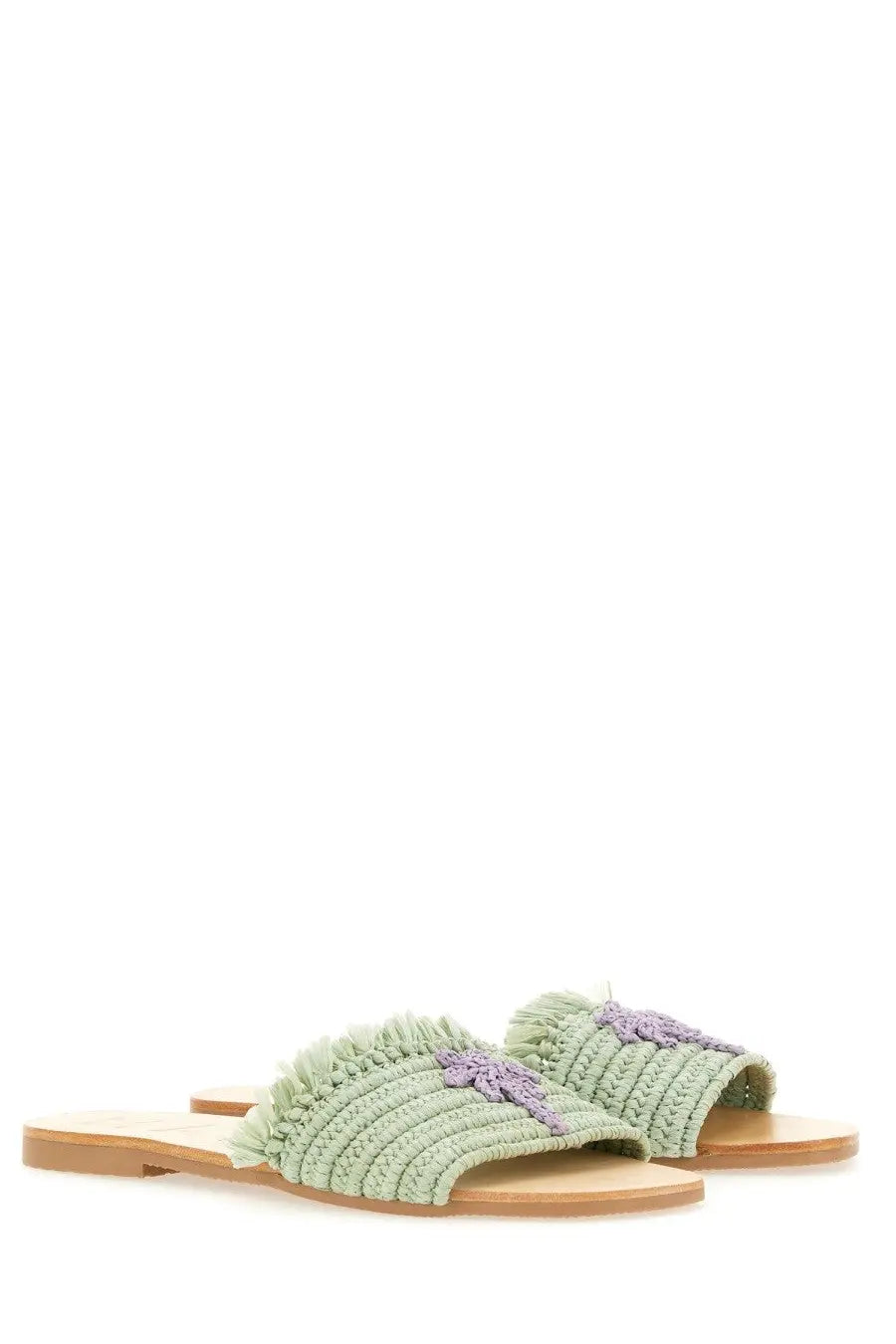 Manebi women’s light green crocheted slide sandals with purple embroidered palm tree and frayed edge detailing