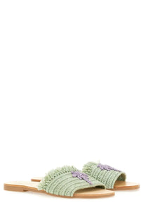 Manebi women’s light green crocheted slide sandals with purple embroidered palm tree and frayed edge detailing