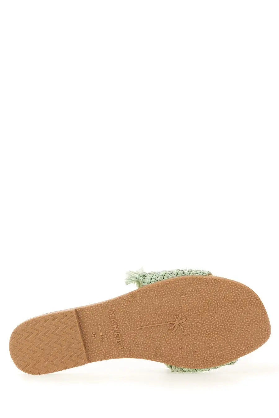 Manebi women’s slide sandal with light green woven strap and tan rubber sole for casual wear