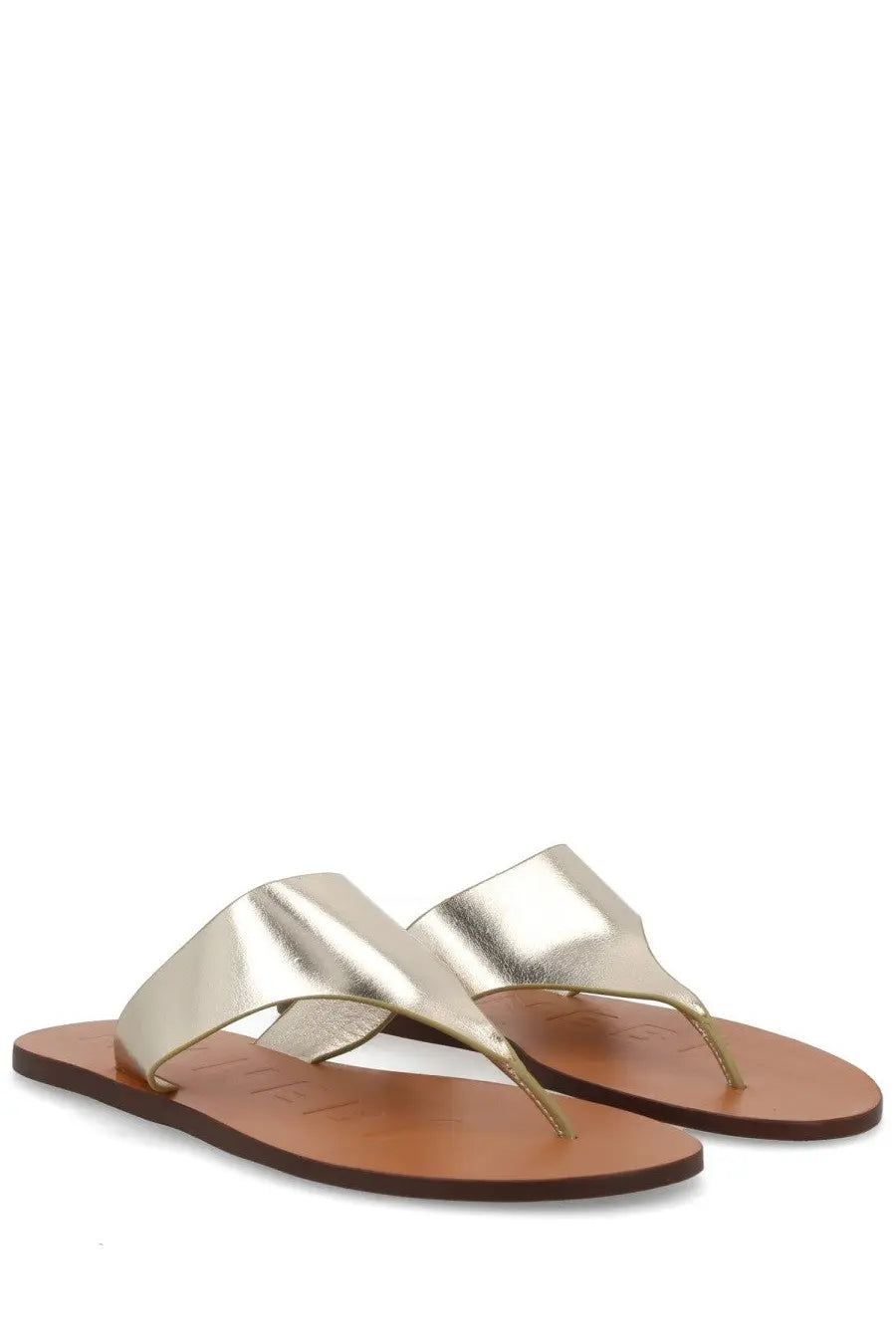 Manebi women’s gold metallic thong sandals with flat brown leather sole in pelle silver material