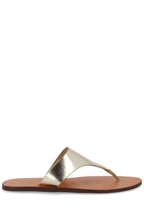 Manebi womens gold metallic thong sandal with flat tan leather sole in pelle silver finish
