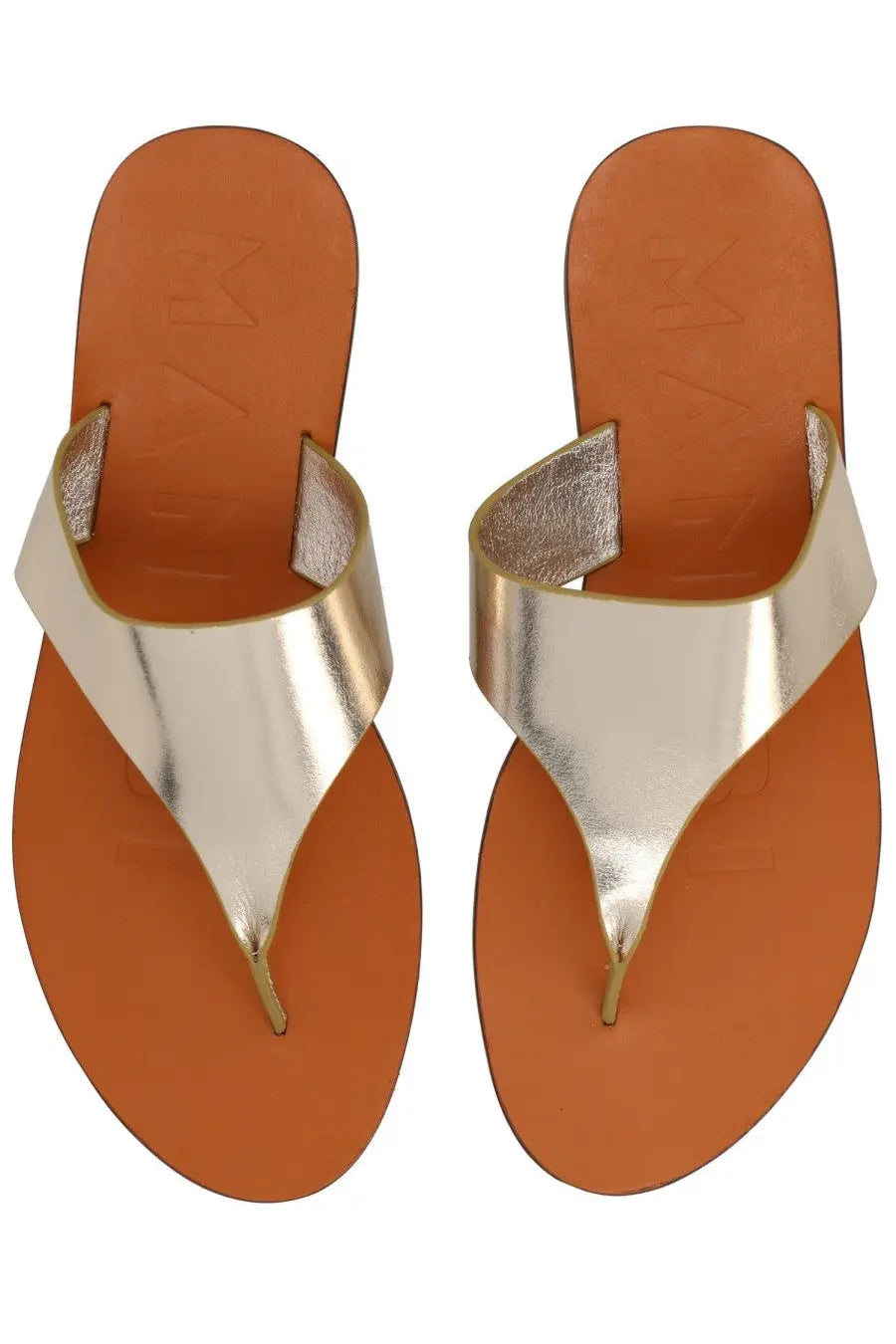 Manebi women’s gold-toned metallic thong sandals with tan leather sole in pelle silver style