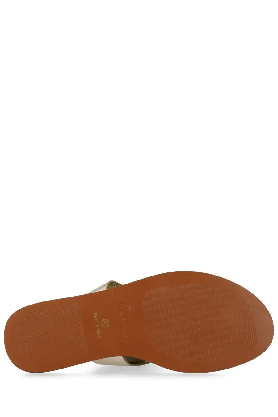 A tan rubber sole with textured grip and subtle branding on the back of manebi womens sandalo infradito in pelle silver