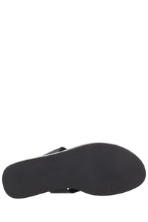 Manebi women’s sandalo in pelle black leather sandal with flat sole and thin strap displayed from the back side